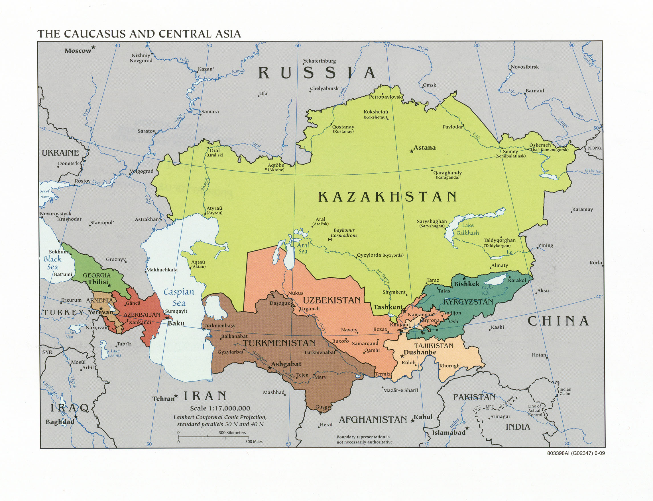 politisk kart Kaukasus og Sentral Asia 2009