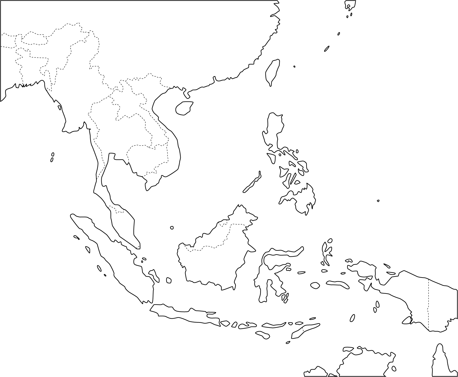 Blank kart over Sørøst-Asia med grenseområdene